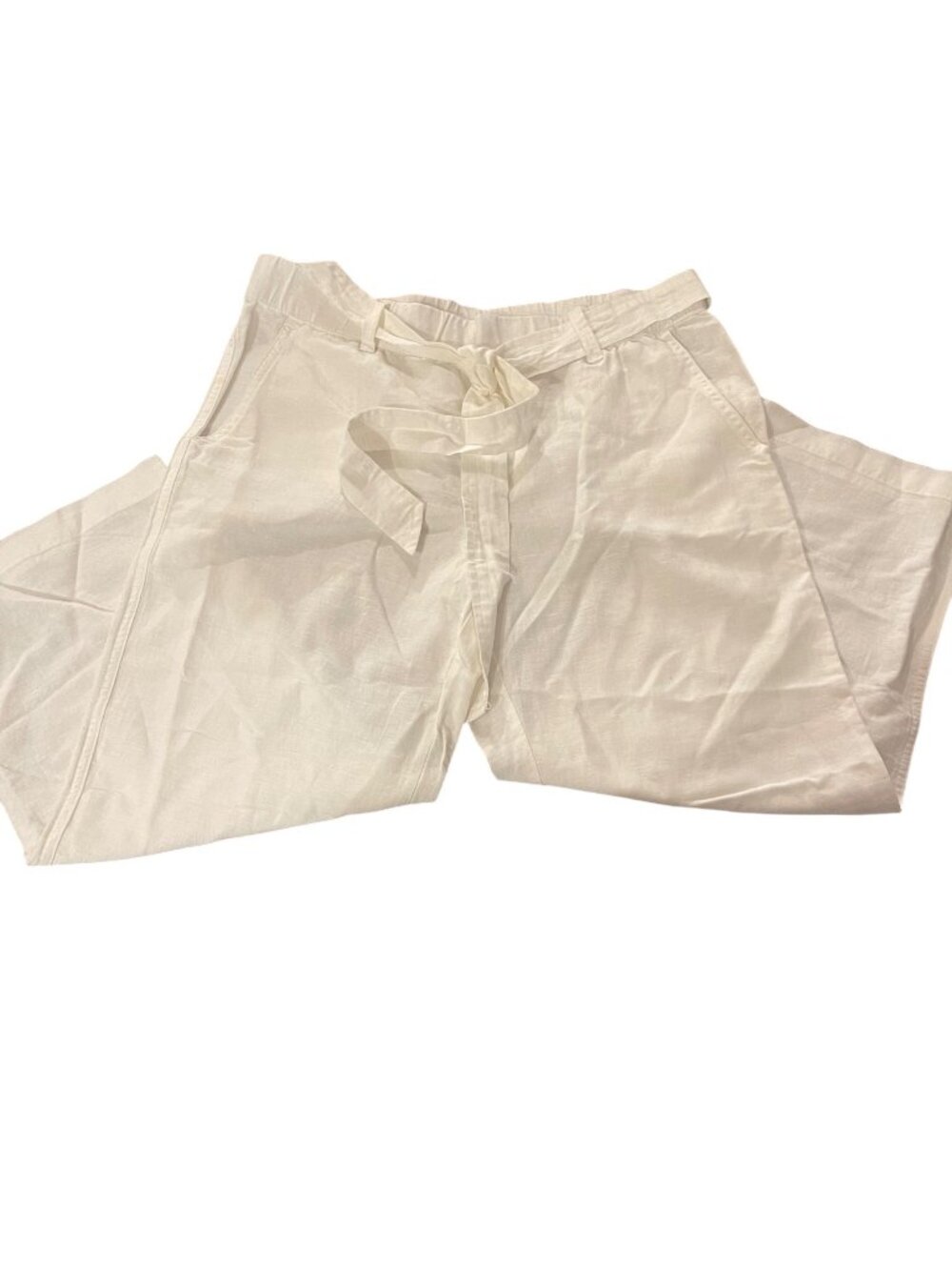 NWT Liz Claiborne White Linen Cropped Pants With Belted Waist & Pockets Small